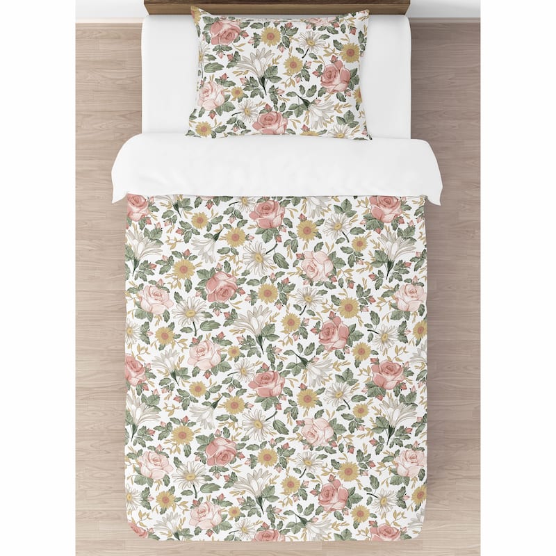Sweet Jojo Designs Vintage Floral Boho Girl 2-piece Twin Comforter Set Blush Pink Yellow Green White Shabby Chic Rose Farmhouse