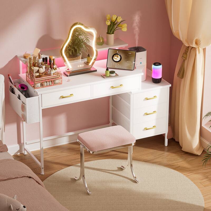 Multi - Use White Desk: 5 Drawers, Monitor Hutch, Outlets, LED Lighting – Fits Home Office, Study & Hobby Areas