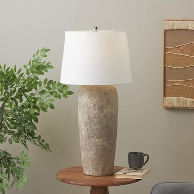 Light Brown, Black or Brown Ceramic Tall Distressed Antique Style Textured Room Table Lamp with Cream Linen Shade