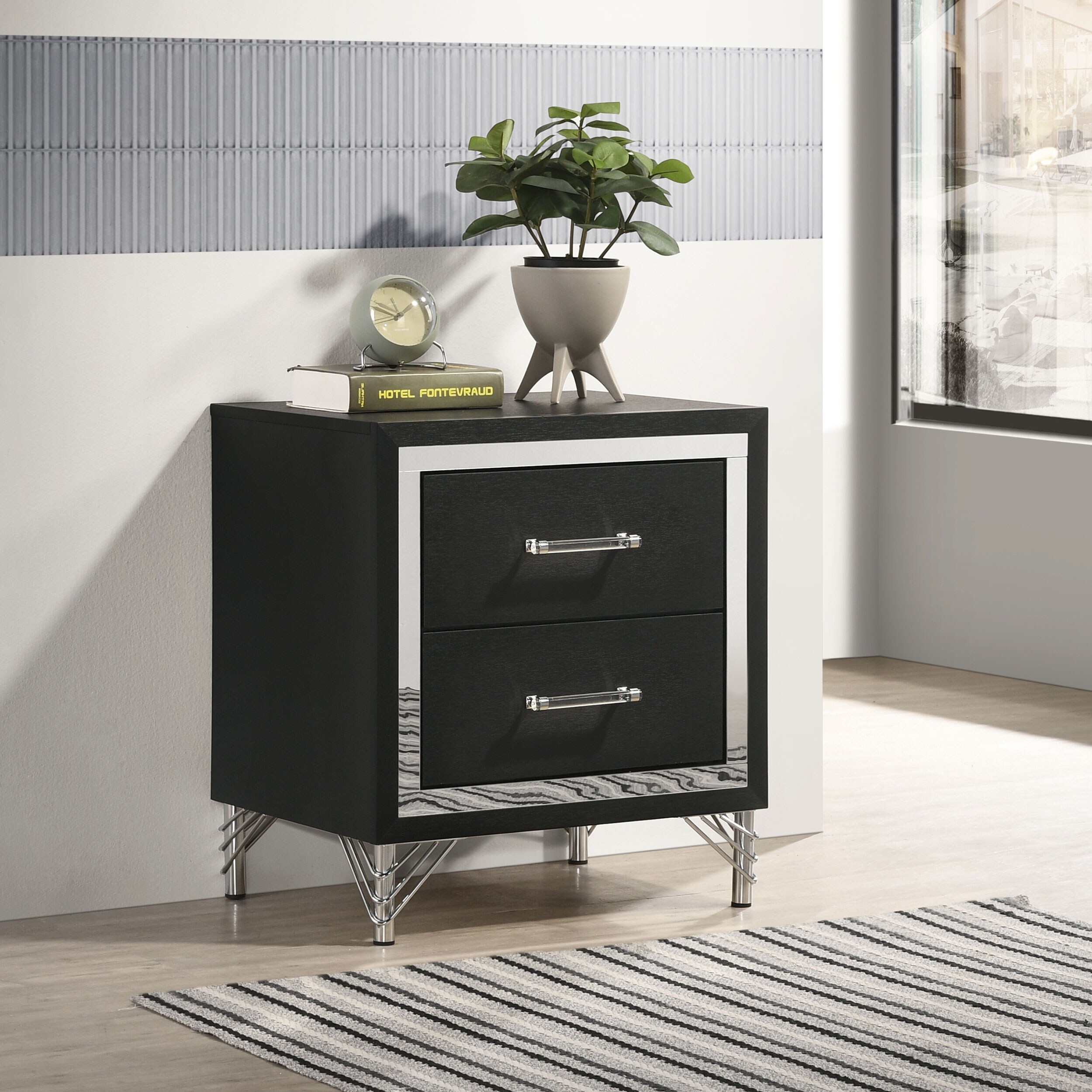 Black Nightstand with Chrome Trim & Hairpin Legs - Two-Drawer Storage with Long Bar Pulls for Vintage Industrial Style