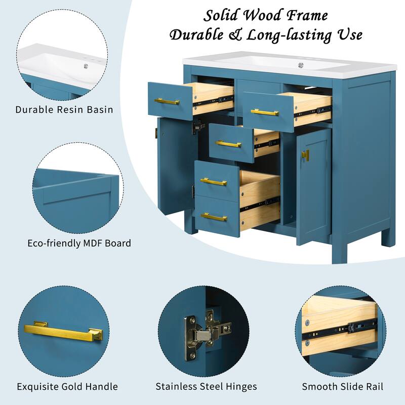 36'' Bathroon Vanity with Resin Sink, Freestanding Bathroom Vanity Cabinet with 4 Drawers, 2 Cabinets and 2 Soft Close Doors