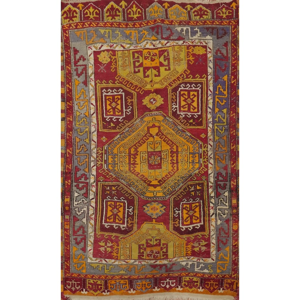 Hand Knotted Oriental 100% Wool Carpet Transitional Geometric Red Anatolian Area Rug - 6' 5'' X 4' 1''