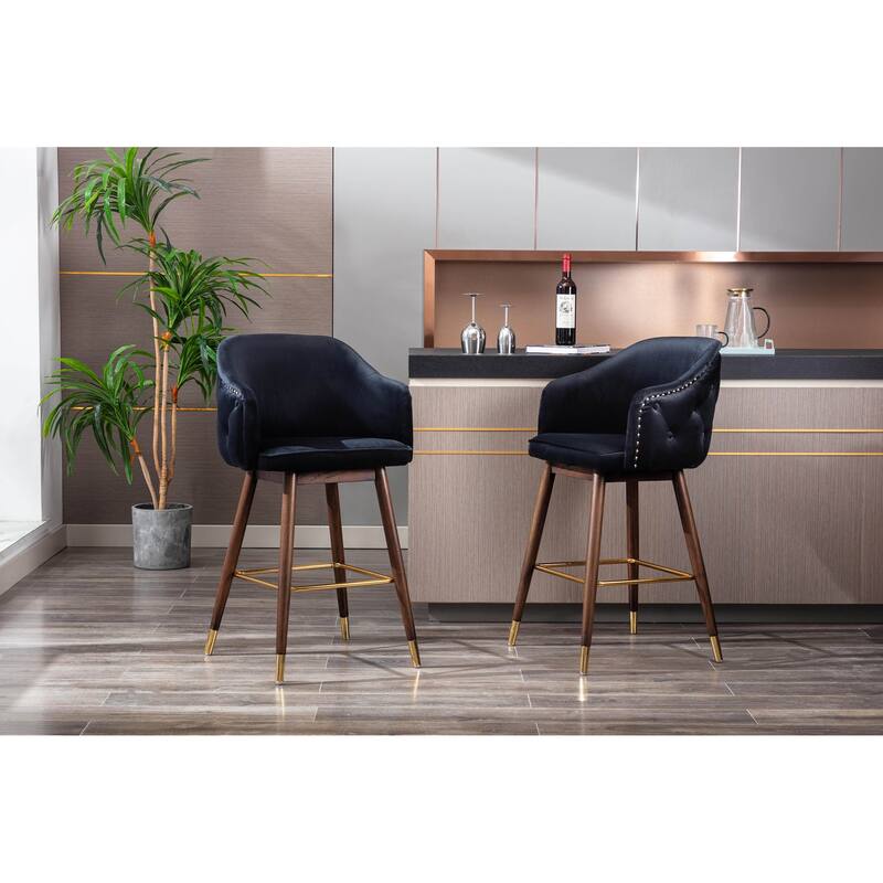 Porthos Home Orla Velvet Upholstered Bar Stools with Rubberwood Legs, Set of 2