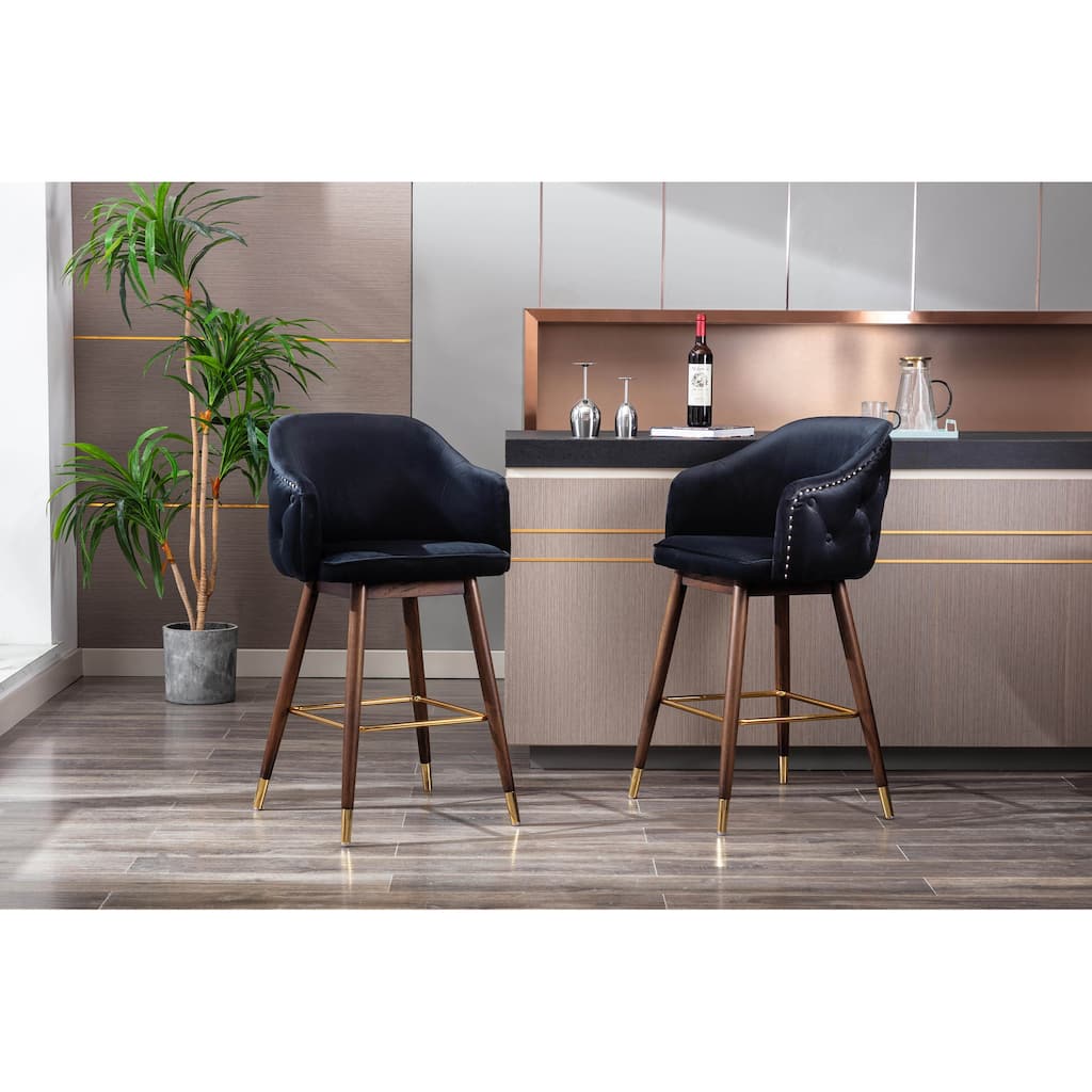Porthos Home Orla Velvet Upholstered Bar Stools with Rubberwood Legs, Set of 2