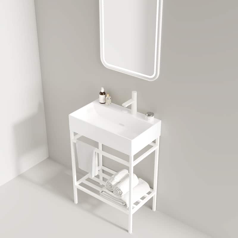 24" Bathroom Vanity with Ceramic Sink, Glossy Red Rectangular Basin, Freestanding Design with Open Metal Le