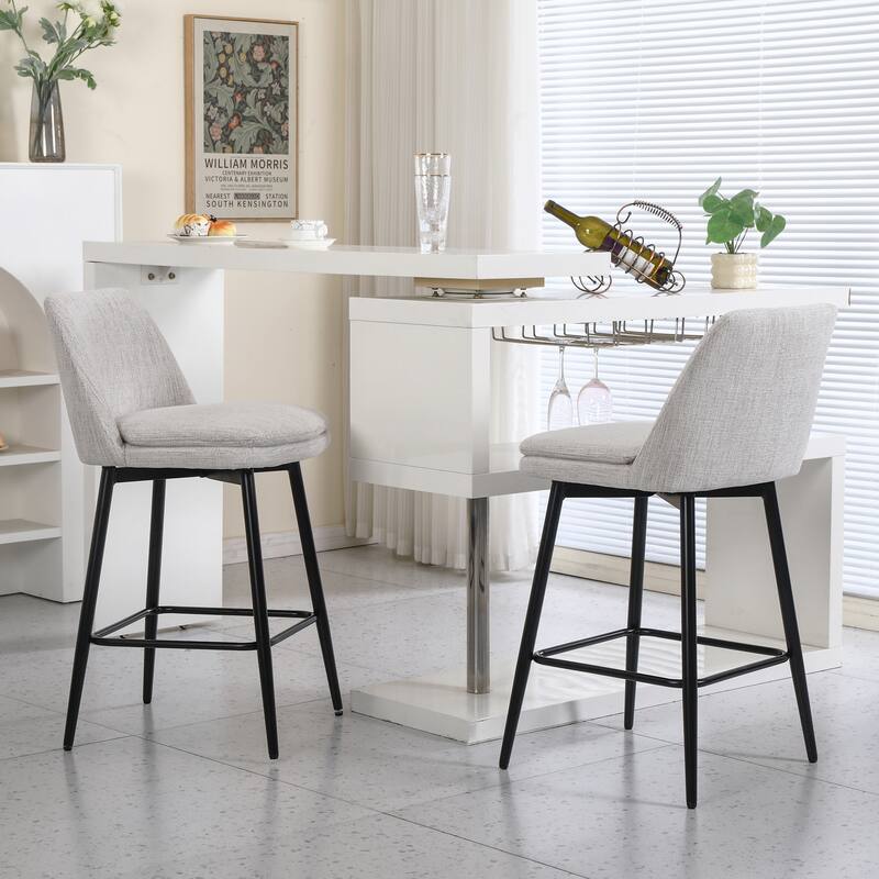 Swivel Bar Stools Set of 2 26 Inch Upholstered Linen Back Metal Legs