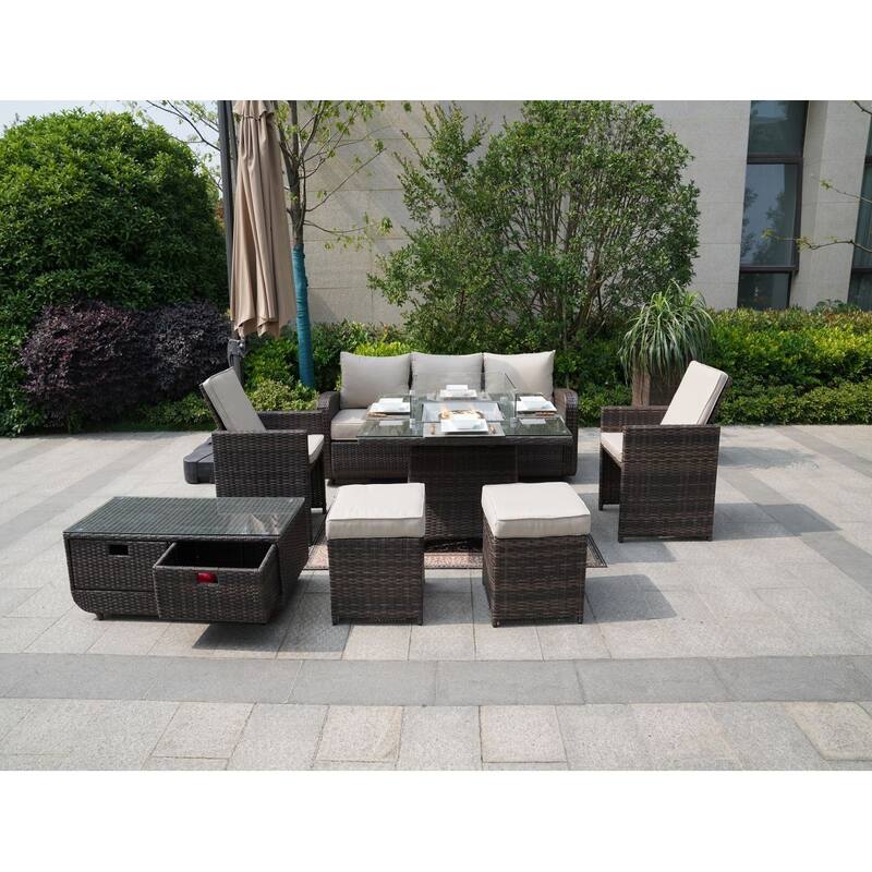 Outdoor Wicker Sofa Patio Set Seating Furniture with Fire Pit Table - 7-Piece