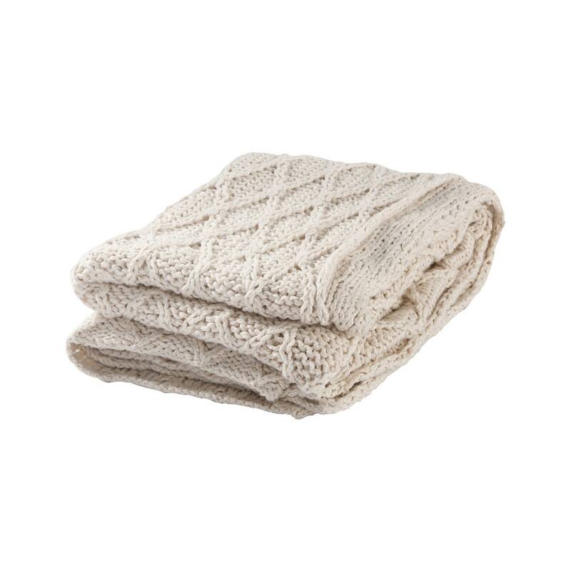 Lyla 50 Inch Cotton Throw Blanket, Hand Knitted Diamond Pattern, White - White
