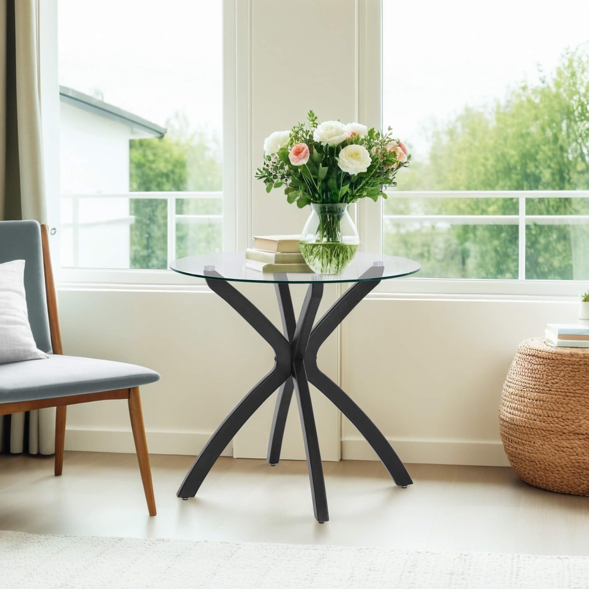 Ivinta 31.5 Inch Mid Century Modern Round Glass Dining Table for 4 Tempered Glass Top and Solid Wood Legs Black Brown