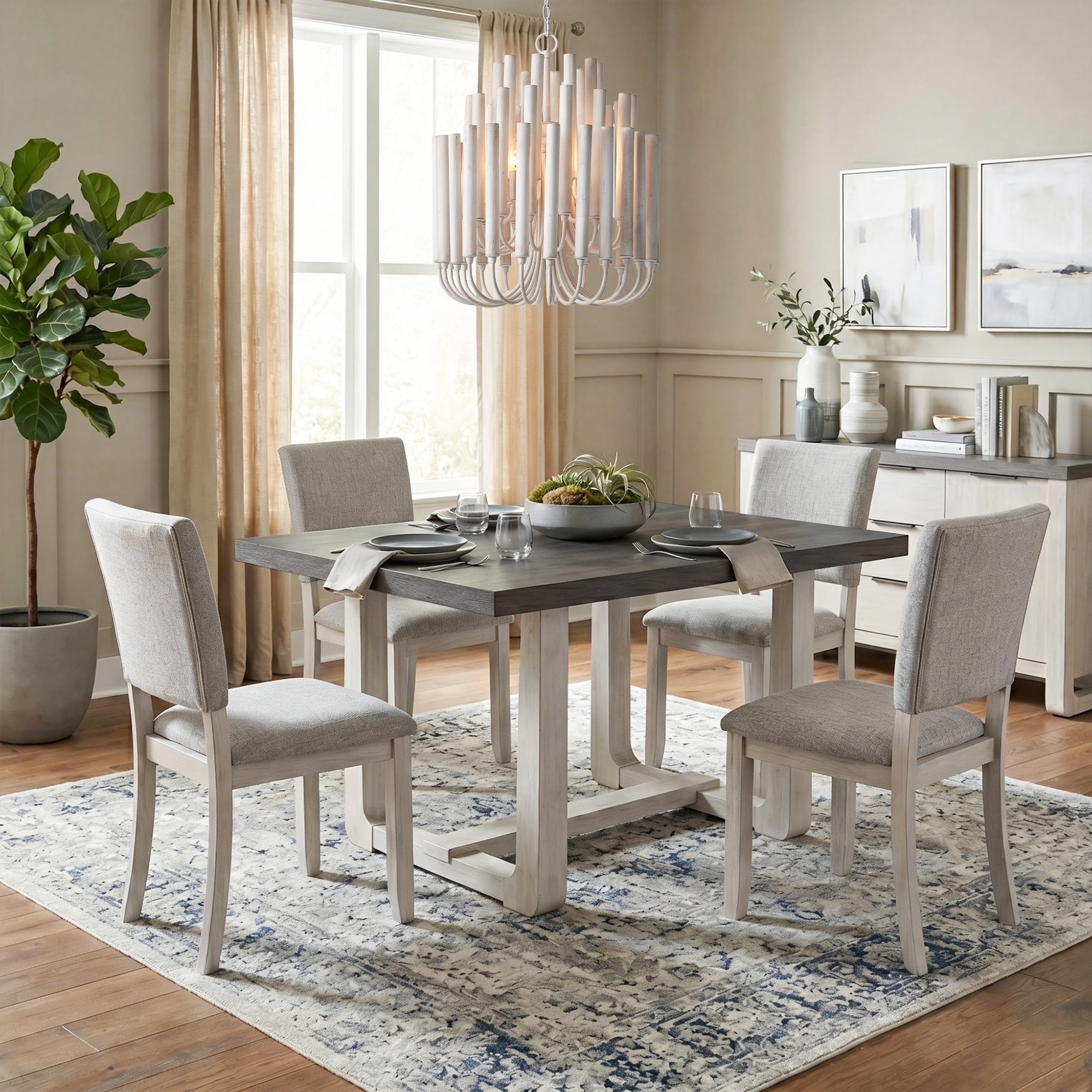 48" Solid Wood Farmhouse 5 Piece Dining Table Set with Upholstered Chairs