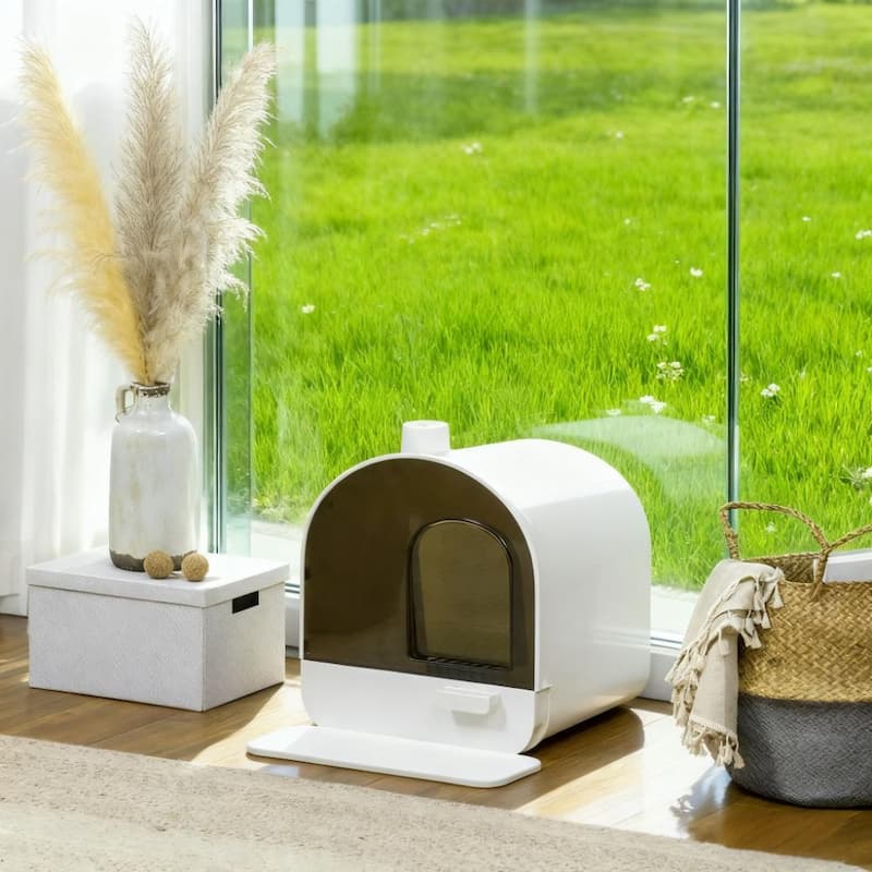 white Cat Litter Box with Lid with Scoop and Filter