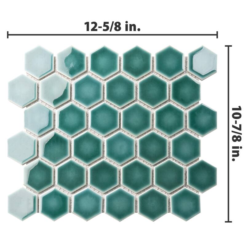 Merola Tile Hudson Due 2" Hex Emerald 10-7/8" x 12-5/8" Porcelain Mosaic Floor and Wall Tile