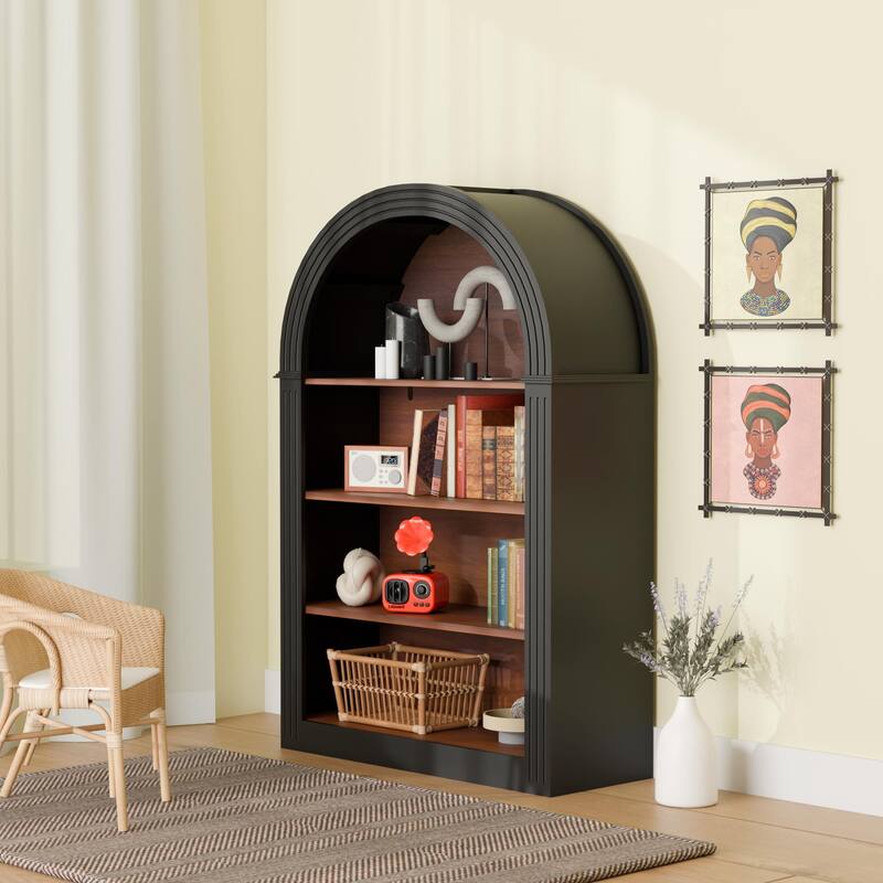 Bookcase, 4-Shelf Tall Bookshelf, 45.66" Wood Open Display Floor Arched Bookcase, Large Storage Organizer