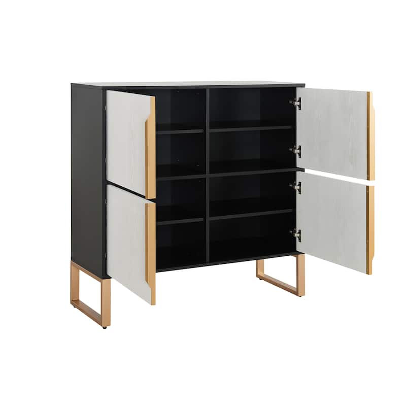 Roomfitters Four-Door Storage Cabinet, Metal Base Sideboard, Buffet Pantry, Modern Black White, Kitchen Dining Room