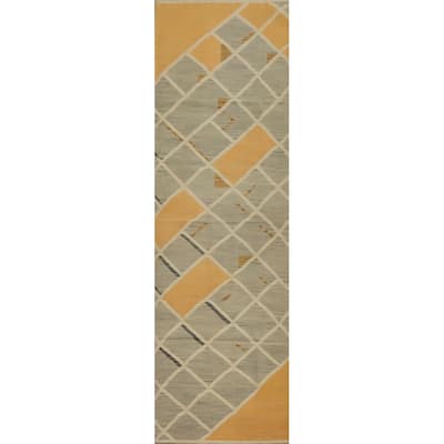 Hand Woven Oriental 100% Wool Carpet Southwestern Modern Greys & Charcoal Kilim Runner Rug - 11' 9'' X 2' 8''