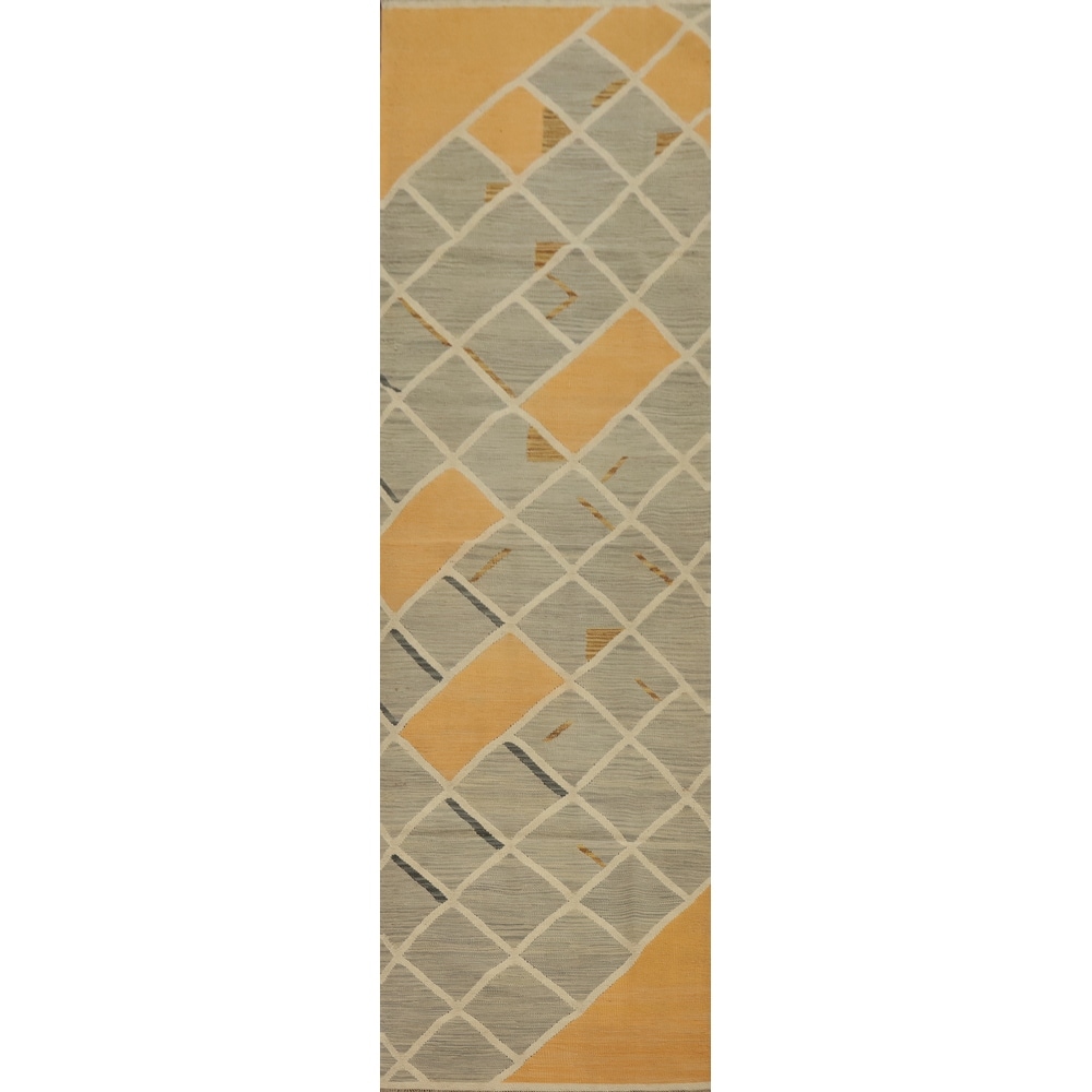 Hand Woven Oriental 100% Wool Carpet Southwestern Modern Greys & Charcoal Kilim Runner Rug - 11' 9'' X 2' 8''