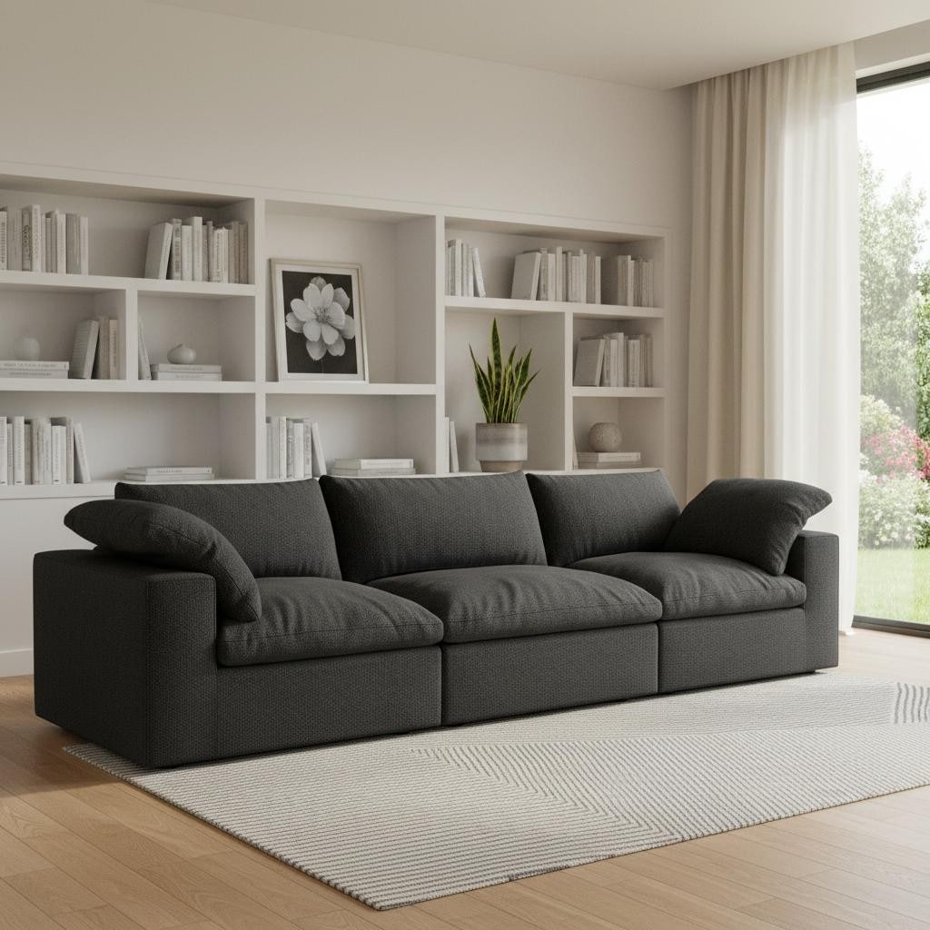 HomeRoots 120" Black Linen Blend Modular Sofa With Toss Pillows