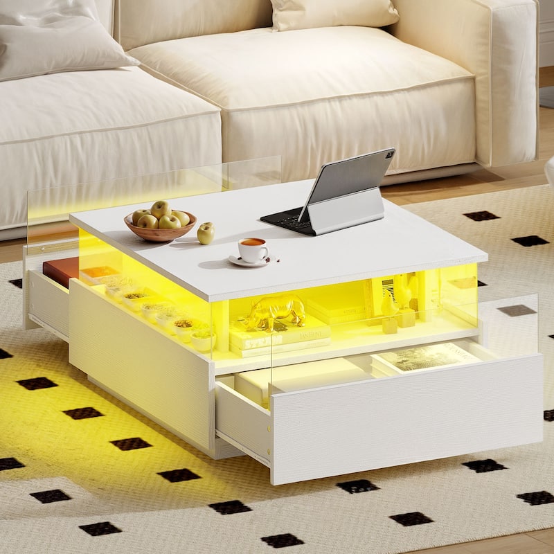 Moasis LED Square Coffee Table with Acrylic Drawers, Wood Center Table for Living Room