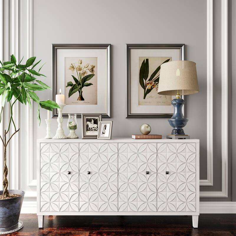 60" Modern Wash White 4 Door Wooden Sideboard Buffet Server Accent Storage Cabinet