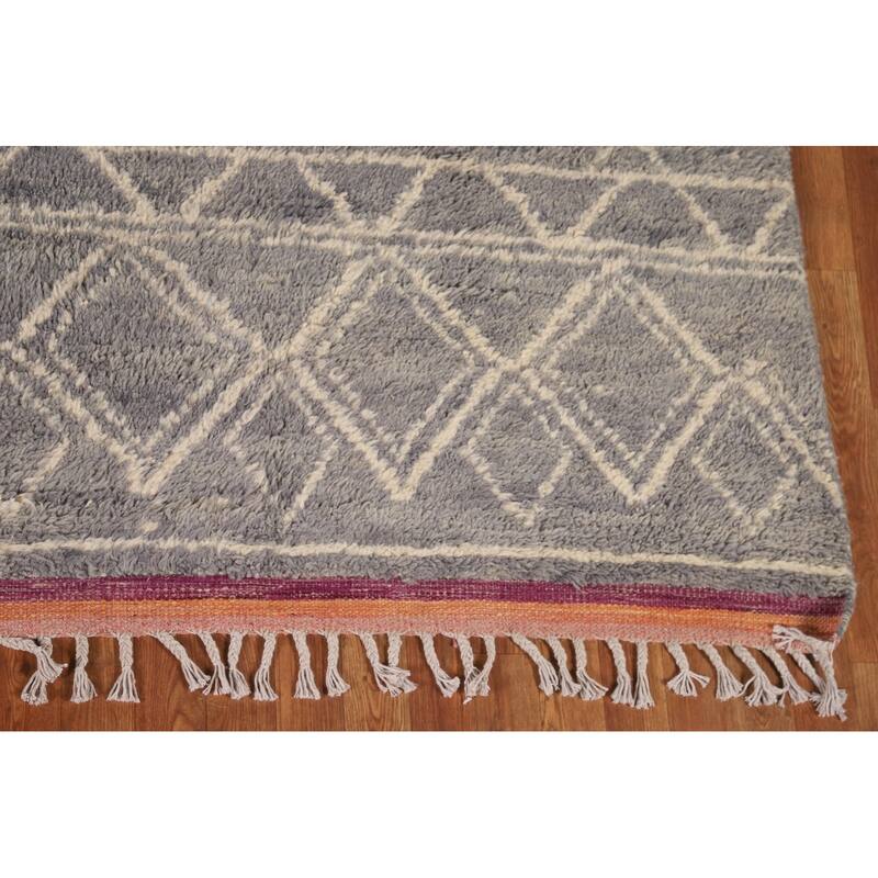 Grey Trellis Moroccan Style Large Rug Hand-Knotted Wool Carpet - 9'11" x 14'7"