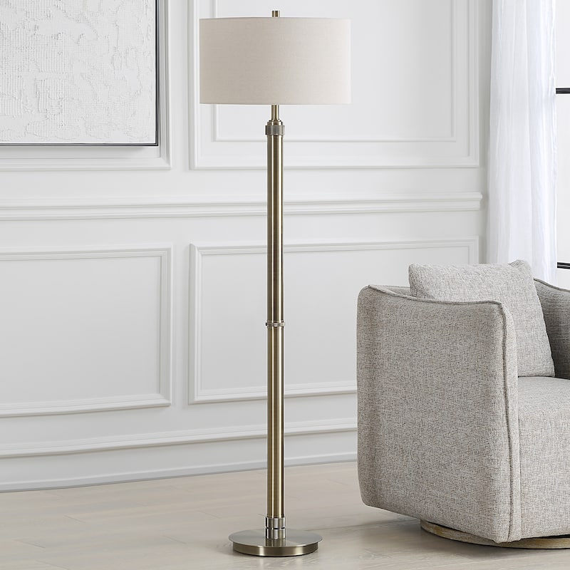 Strick & Bolton Antique Brass Floor Lamp with Knurling Details and Linen Shade - 17 x in x 17 x in 64