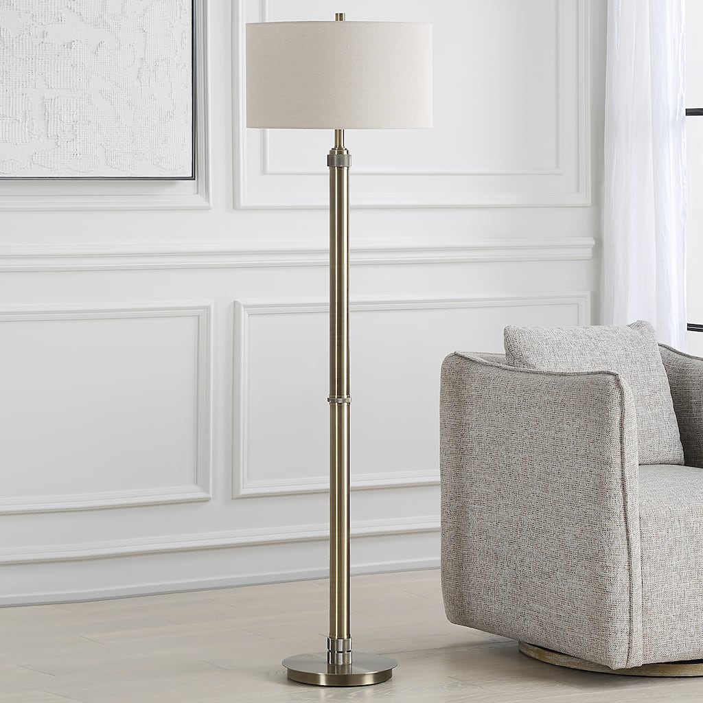 Strick & Bolton Antique Brass Floor Lamp with Knurling Details and Linen Shade - 17 x in x 17 x in 64