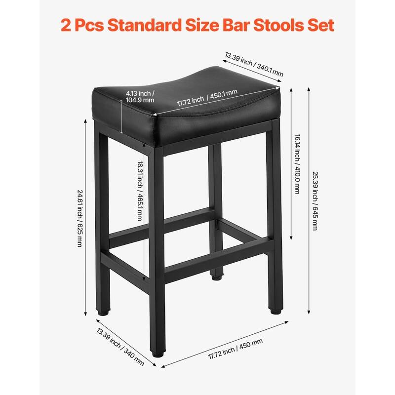 Set of 2 Black PU Leather Counter Height Bar Stools with Curved Seat and Metal Frame - 17.72” x 13.39” x 25.39”