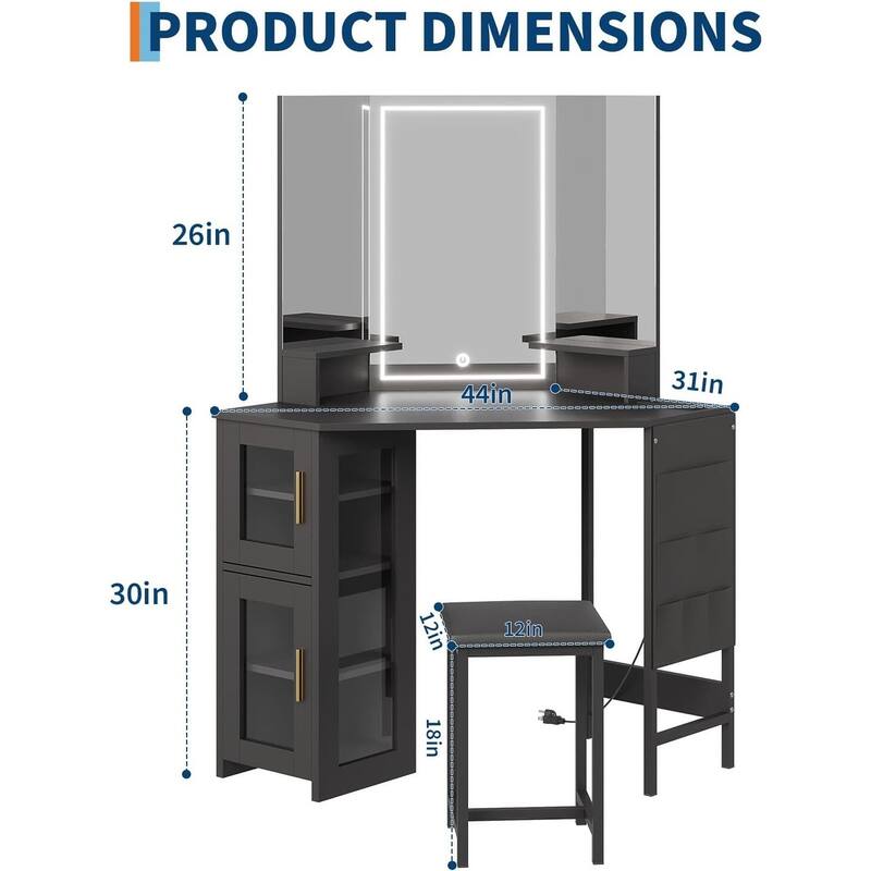 Corner Vanity Desk and Stool, Makeup Dressing Table Set with Light Mirror