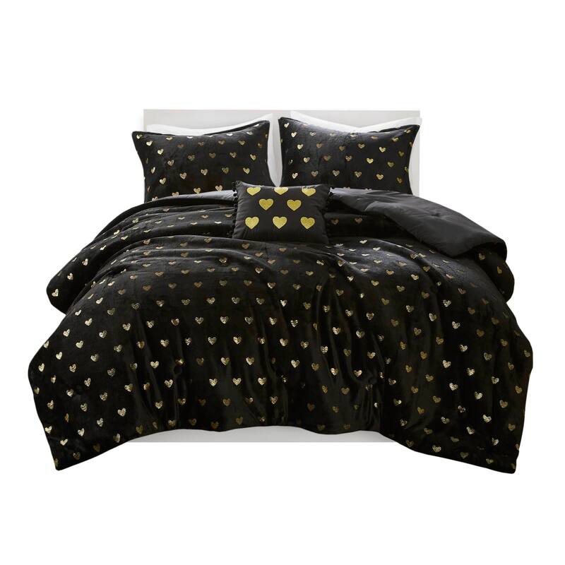 4 PCS Full/Queen Metallic Printed Plush Comforter Set with Throw Pillow Black/Gold
