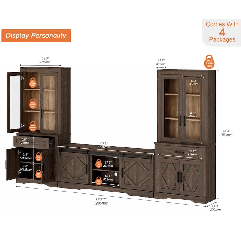 Modern Farmhouse TV Stand with Bookcase for 65" 75" TV with Barn Door for Living Room, Bedroom & Home Office