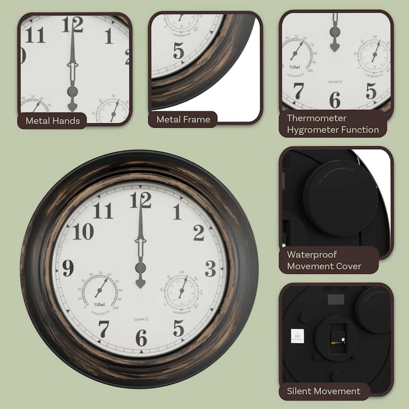 Indoor Outdoor Clock Thermometer Combo - 18-Inch Waterproof Outdoor Wall Clock with Temperature and Humidity by Pure Garden