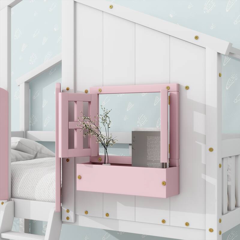 Roomfitters Twin Over Twin House Bunk Bed with Roof, Window Box, Door, Safety Guardrails and Ladder