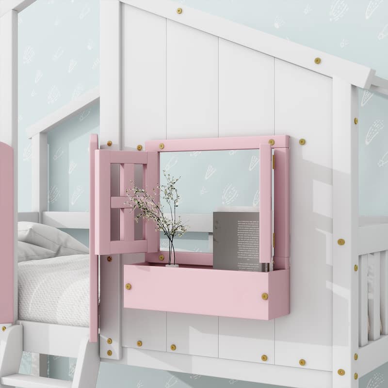 Twin over Twin House Bunk Bed - Roof, Window, Box, Door, Guardrails & Ladder