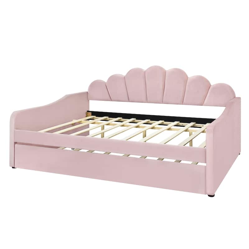 Full Size Upholstery Daybed Frame with Shall Shaped Backrest and Trundle,White