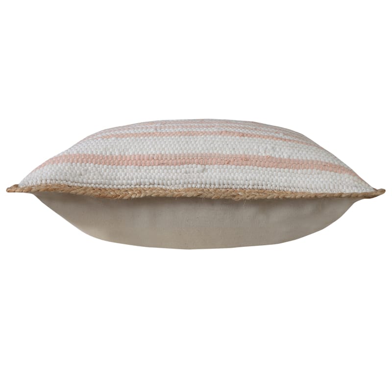 Sevita Coral Pink and White Striped Jute Bordered Throw Pillow