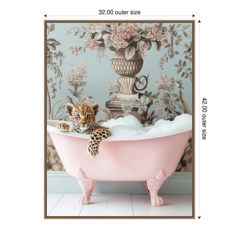 Leopard Pink Bubble Bath by Niky Rahner Framed Canvas Wall Art - 32 x 42 in