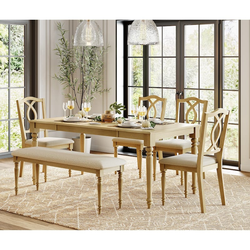 6 Piece Dining Table Set, Table with Bench & 4 Cross-Back Chairs, Oak - 6-Piece - Oak