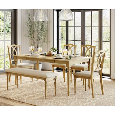 6 Piece Dining Table Set, Table with Bench & 4 Cross-Back Chairs, Oak