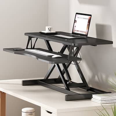 Folding Desk Converter, Height Adjust Laptop Workstation Sit to Stand Riser Dual Monitor Desk with Keyboard Tray Christmas Gift