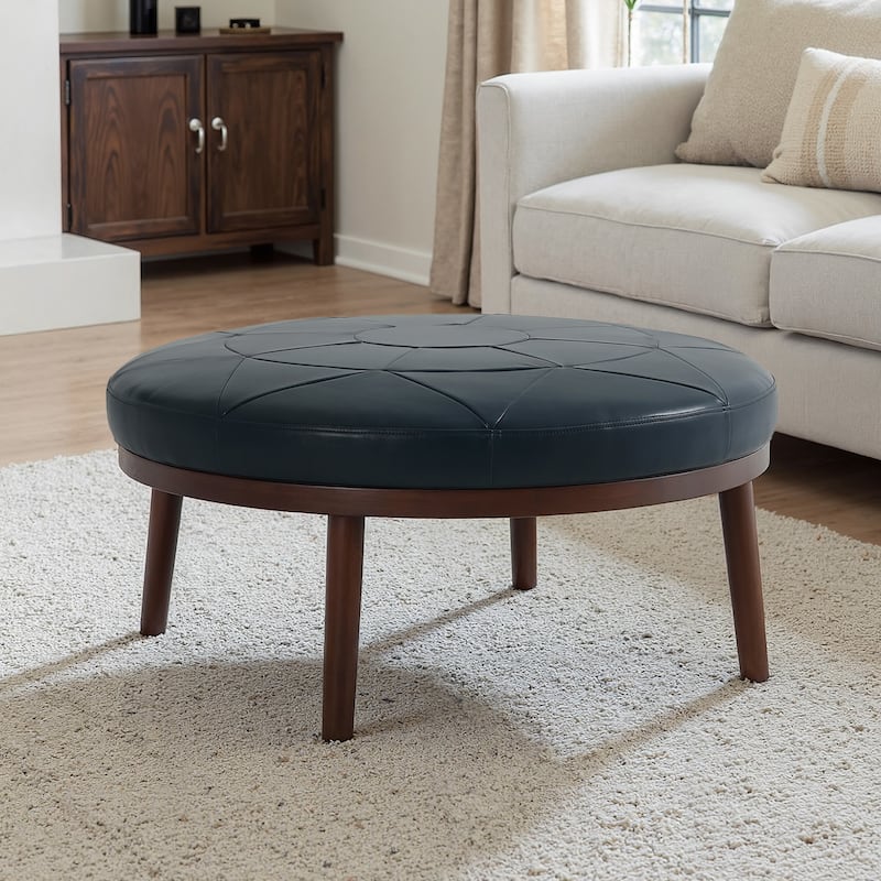 Lumibee 34.5" W Full Grain Genuine Italian Leather Ottoman - Navy Blue