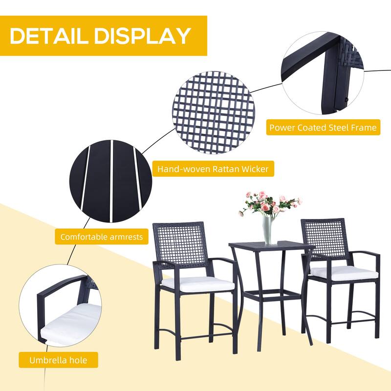 3-Piece Outdoor Rattan Wicker Bar Set with Cushioned High Chairs and Steel Frame, Weather-Resistant Patio Furniture