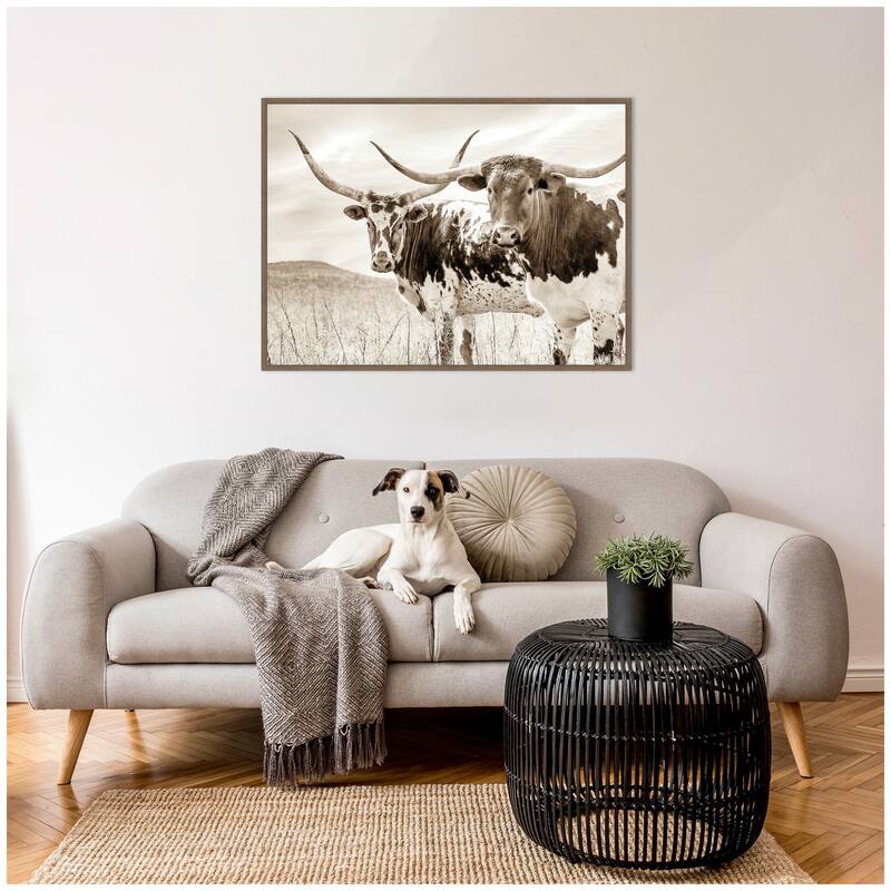 Kate and Laurel Sepia Texas Longhorn Cattle in Pasture by The Creative Bunch Studio Framed Canvas Wall Art Print
