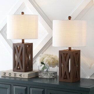 Ibiza 21.5" Farmhouse Wood LED Table Lamp, Brown (Set of 2), by JONATHAN Y