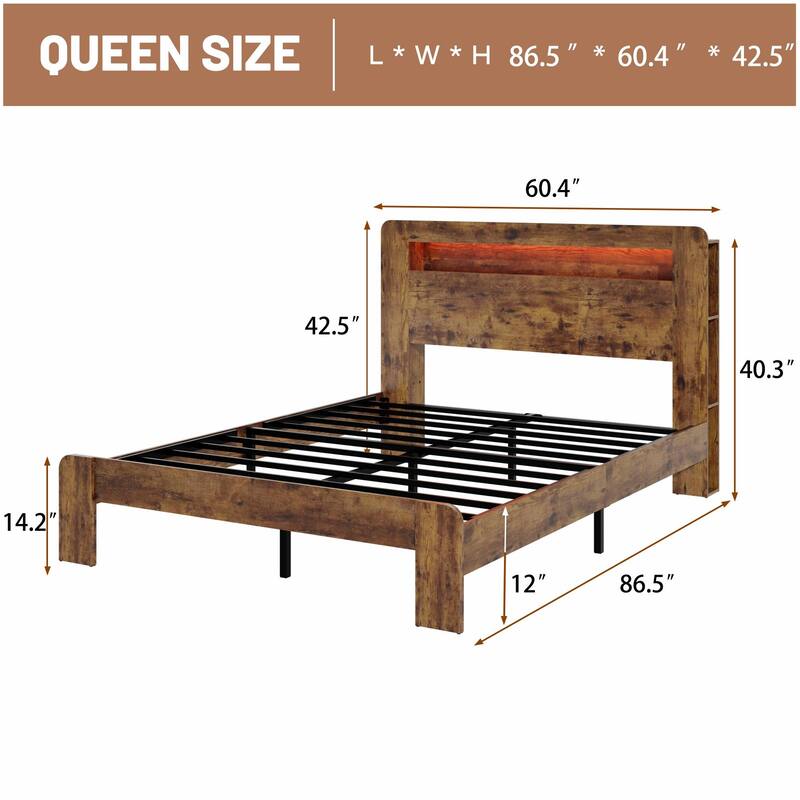 Wood Platform Bed Frame with Storage, LED Light Headboard and 2 USB Ports, Noise-Free