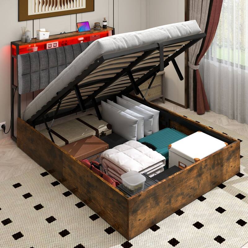 Moasis Lift-Up Storage Bed Frame with Charging Station & Storage Headboard