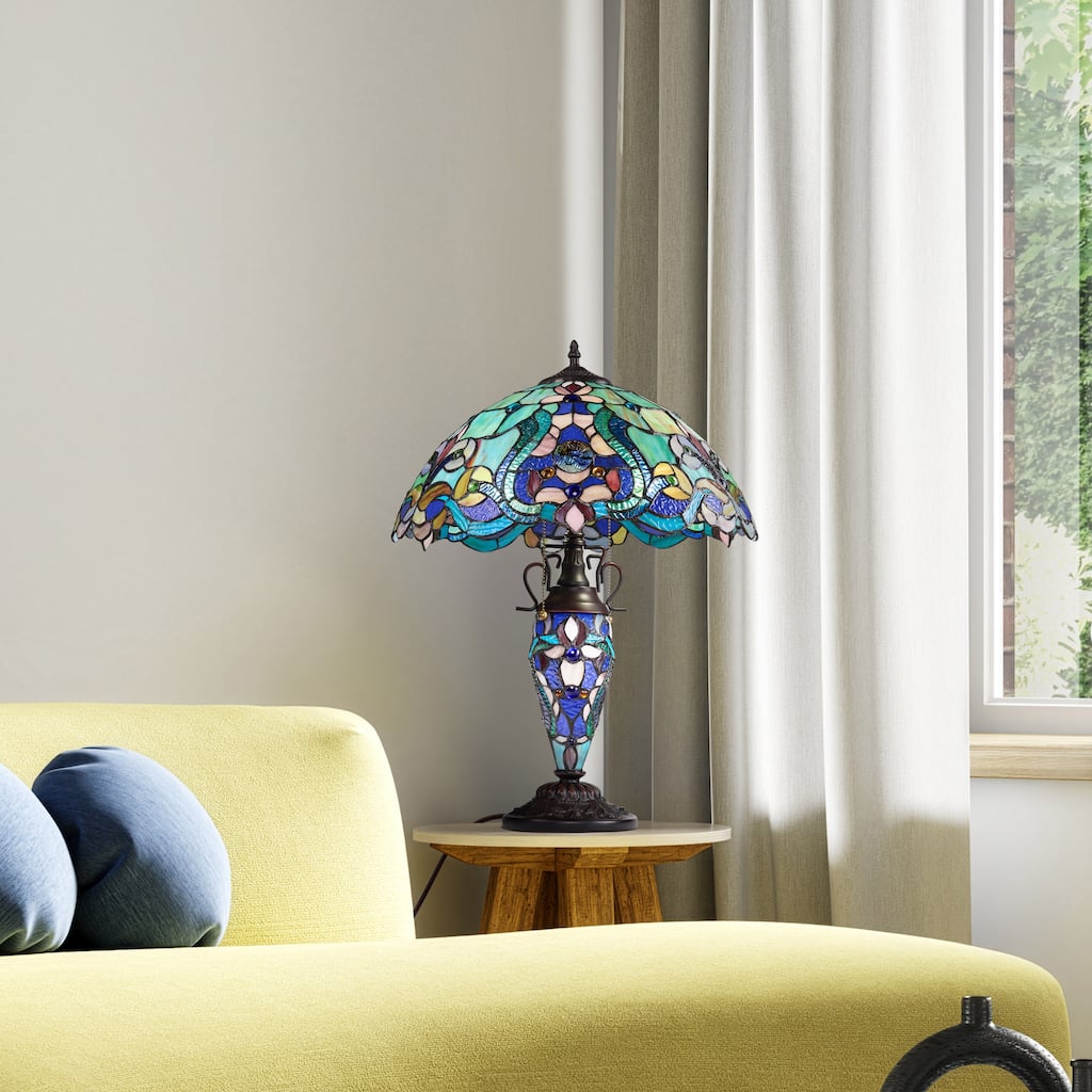 River of Goods Double Lit Stained Glass 24-Inch Table Lamp - 17" x 17" x 24"