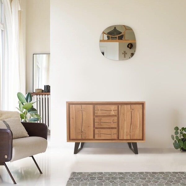 40 Inch Sideboard Buffet Console with 2 Cabinets Brown Acacia Wood 3 Drawers Black Iron Base Bed Bath Beyond 40314808
