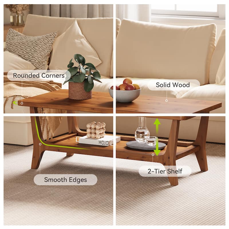 47'' Solid Wood Coffee Table with Open Storage Shelf, Mid-Century Rectangle Center Table