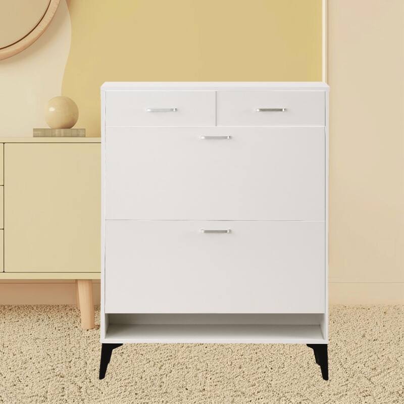 Modern Tipping Bucket Shoe Rack Organizer Cabinet with Adjustable Shelves, Flip Drawers, for Bedroom, Mudroom, Hallway, Porch - White