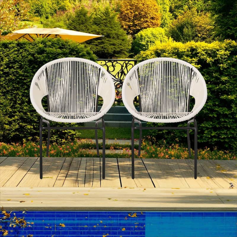 Sanu Outdoor Accent Chair Set of 2, White PE Rattan, Black Iron, Round Back